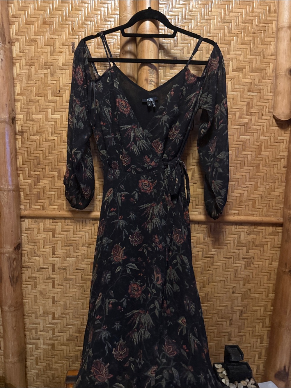 PAIGE silk cold shoulder Black Floral Wrap Dress with Rose & Green Print small